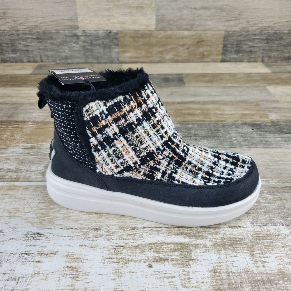 Hey Dude Mel Boucle Womens Ankle Boot Sz 6 Black Comfort Faux Fur Lined Platform